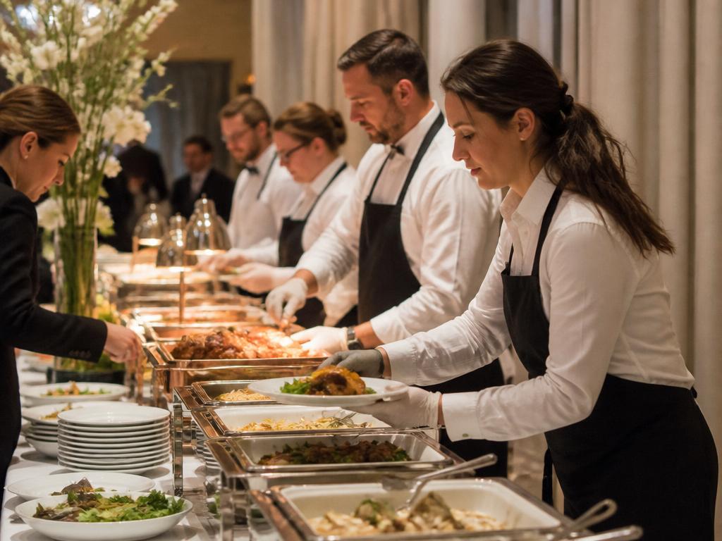 Catering team plating and serving food at an upscale event