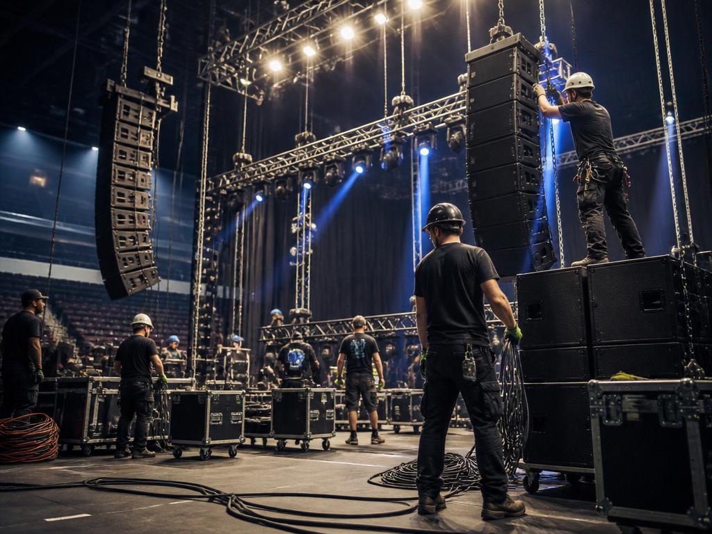 Stage and AV crew rigging lighting and speakers before a concert