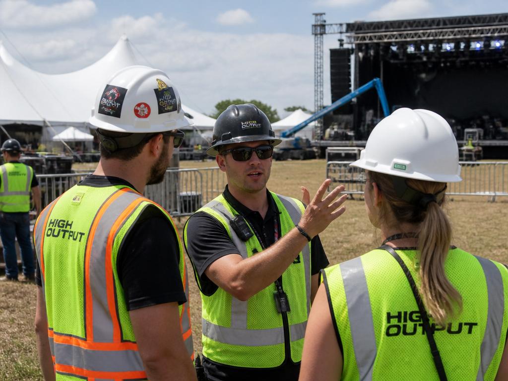 Outdoor festival production crew in high-visibility vests and hard hats
