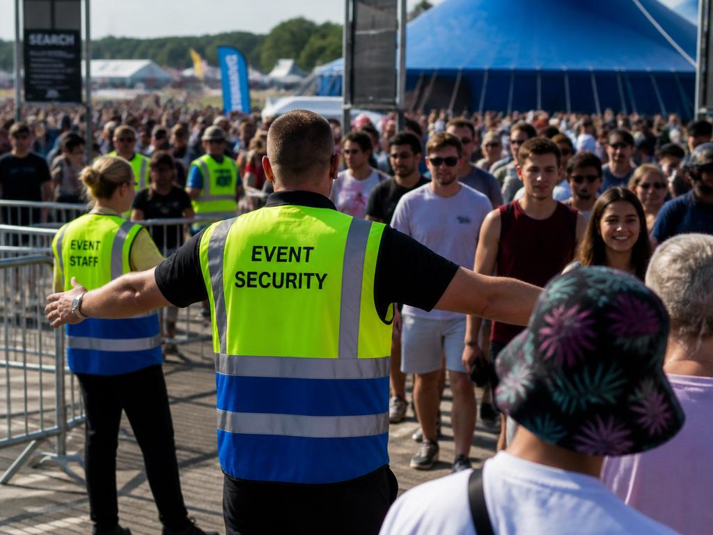 Event security and staff guiding a crowd at a festival entrance