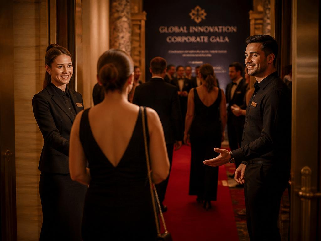 Hospitality staff welcoming guests at a luxury corporate gala