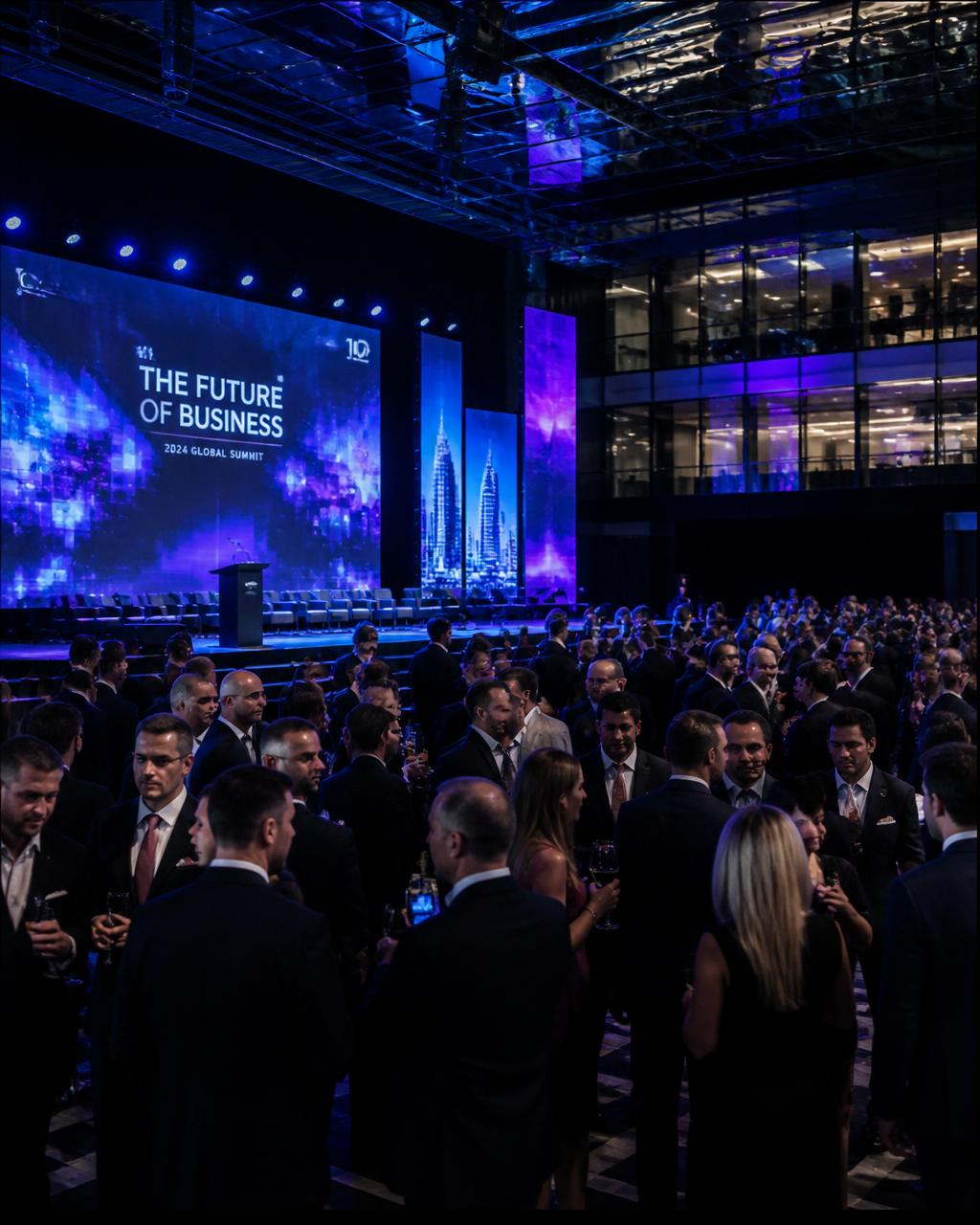 Professionals networking at a premium corporate summit with dramatic stage lighting