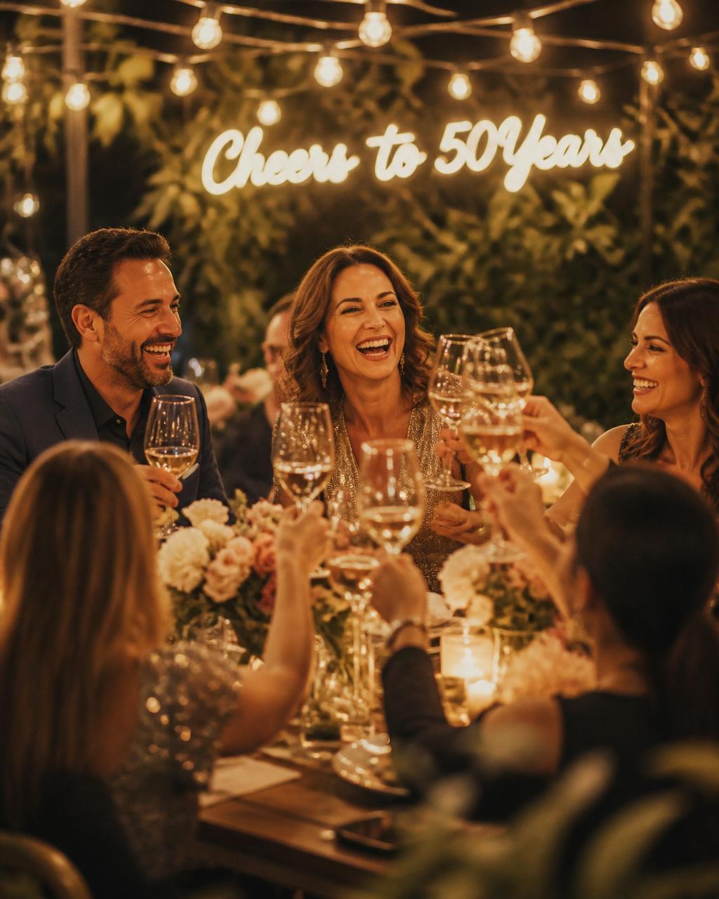 Friends and family celebrating an intimate personal event with string lights