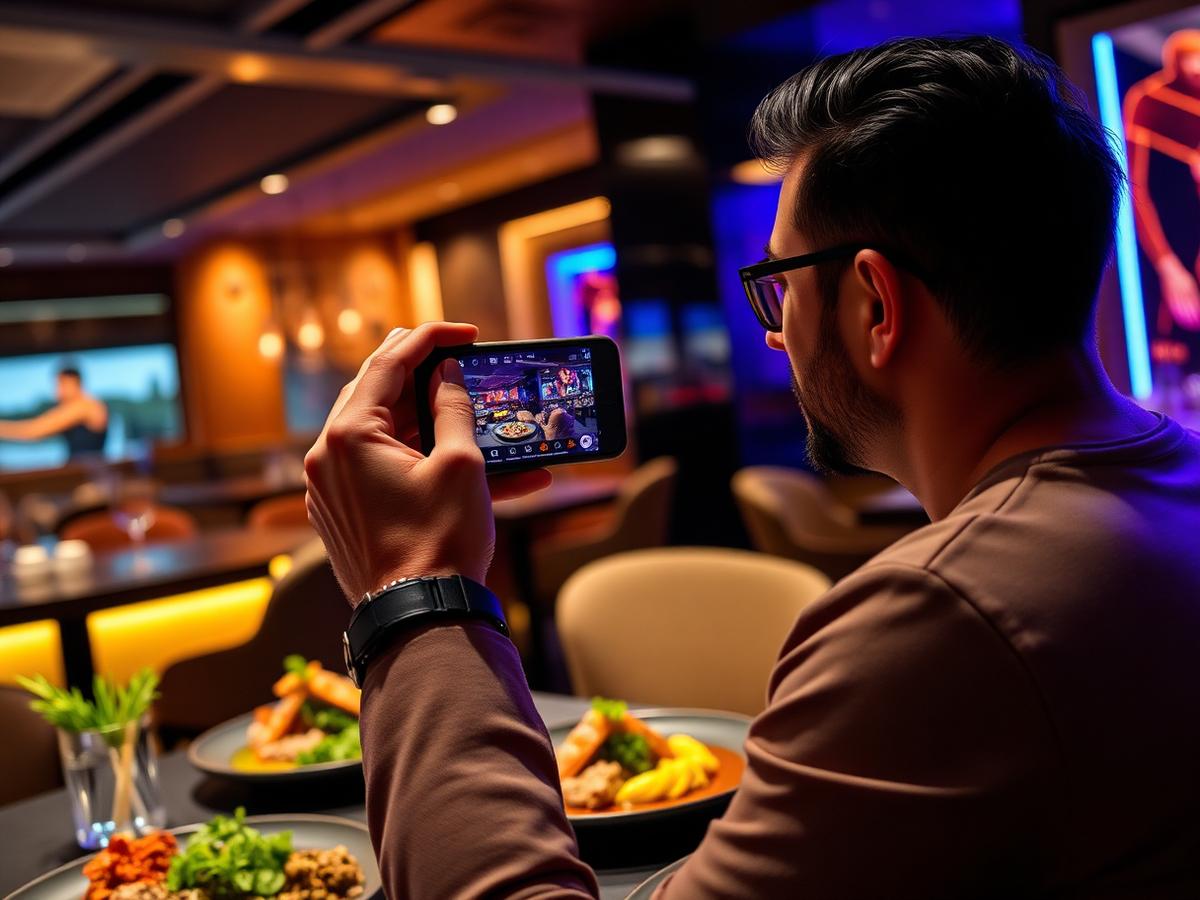 Influencer filming a restaurant review on a smartphone