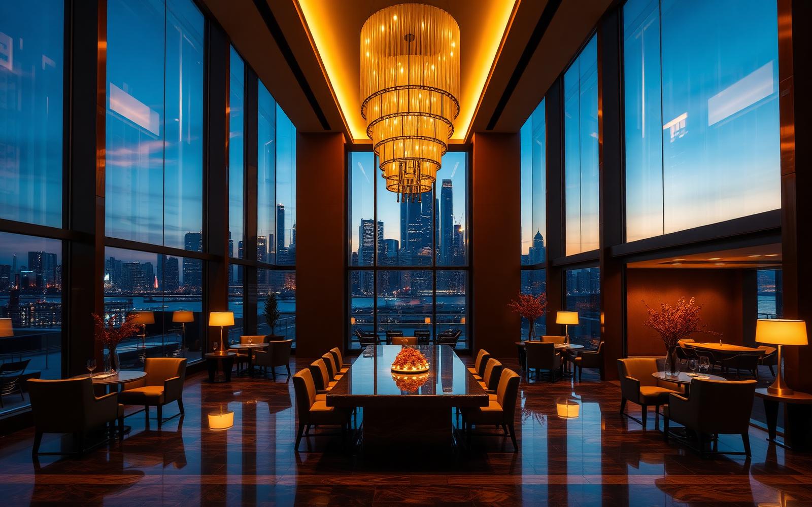 Luxury hotel lobby overlooking a city skyline at dusk
