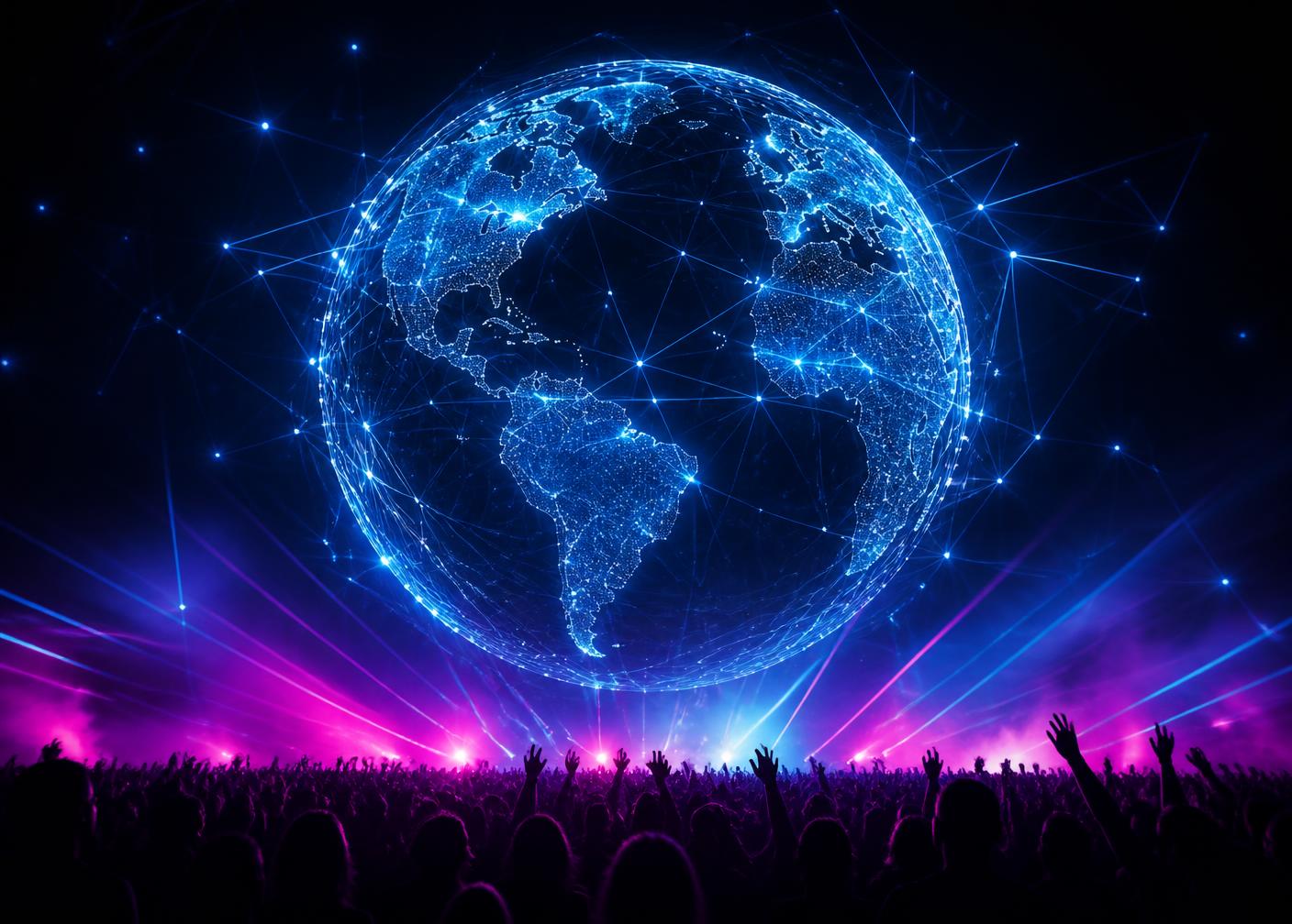 Glowing global network above a live event crowd