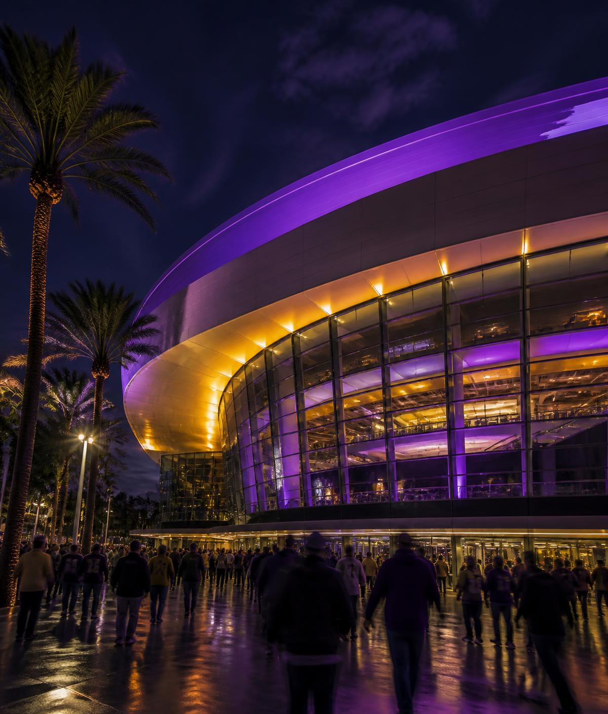 Los Angeles arena lit in purple and gold on game night