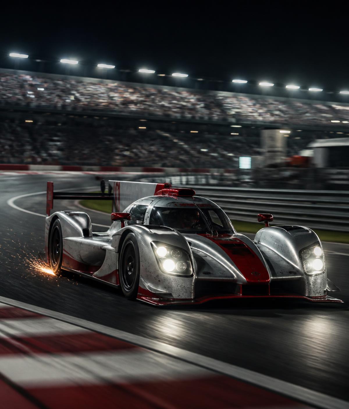 Silver and red endurance race car on a floodlit circuit at night
